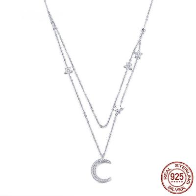 Genuine 925 Sterling Silver Moon & Star Double Layers Chain Pendants Necklaces for Women Sterling Silver Jewelry BSN038