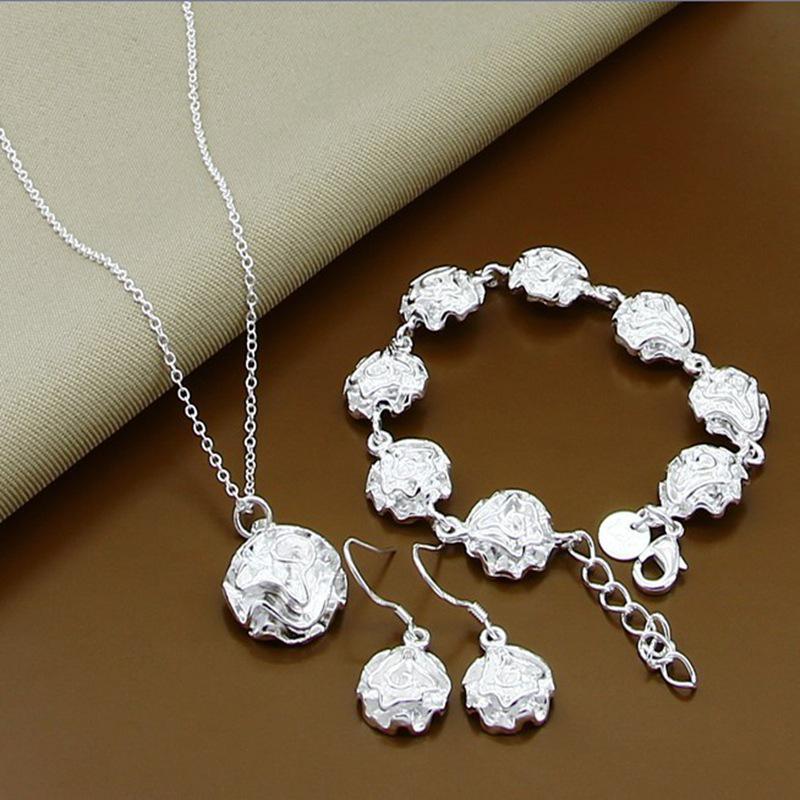 

Комплект ювелирных украшений в корейском стиле, посеребренный, с розовыми цветами: Ожерелье, серьги и браслет белый