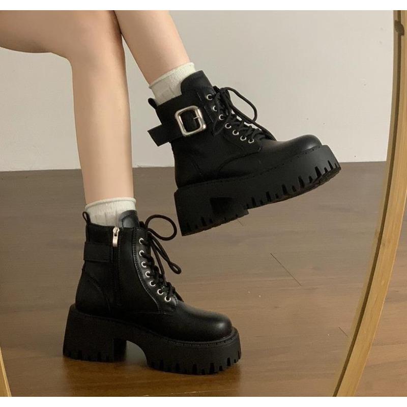 Fashion Women's High Heel Ankle Boots Round Head Square Heel Side Zip Women Boots Belt Buckle Spring Autumn Leisure Fashion Botines Shoe