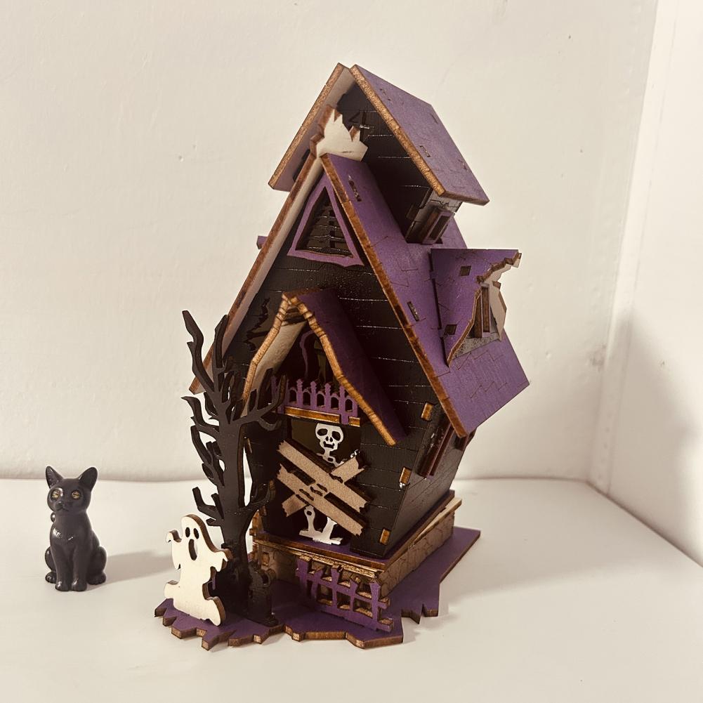 3d Haunted House Model Halloween Wooden Puzzle Diy Haunted House Wooden Puzzle Kit with Light-up Ghosts for Halloween Party
