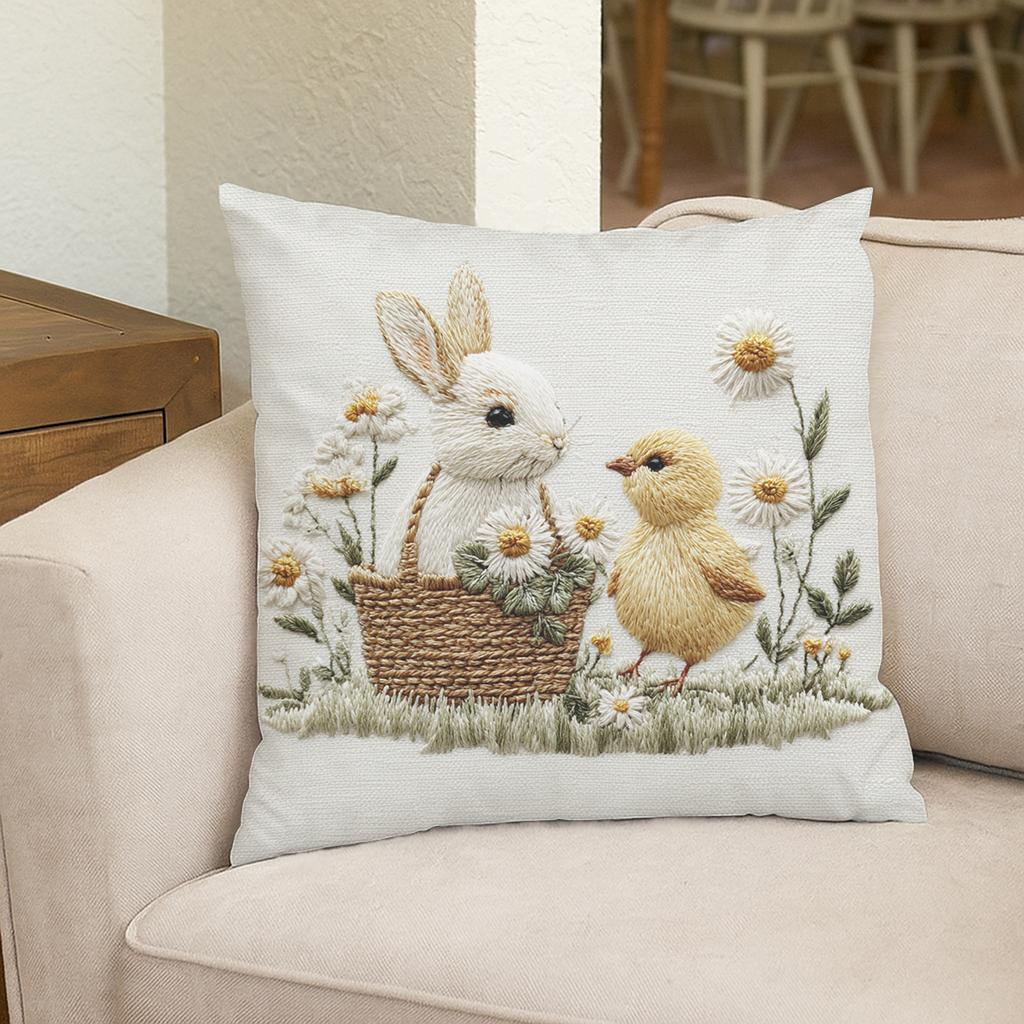 2D Embroidery Style Pillowcase Cute Rabbit & Chick Print Polyester Pillow Cover Decor Cushion Case For Home Soft Cushion Cover
