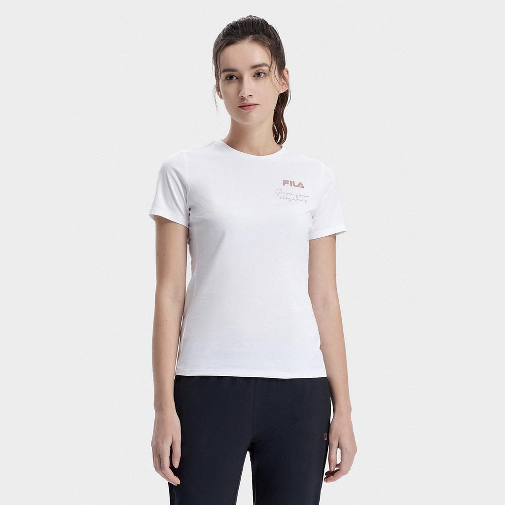 FILA Latte Girl 3.0 Letter Logo Print American Vintage Round Neck Pullover Short Sleeve T-Shirt Women Tops Jade-White A11W321115FWT
