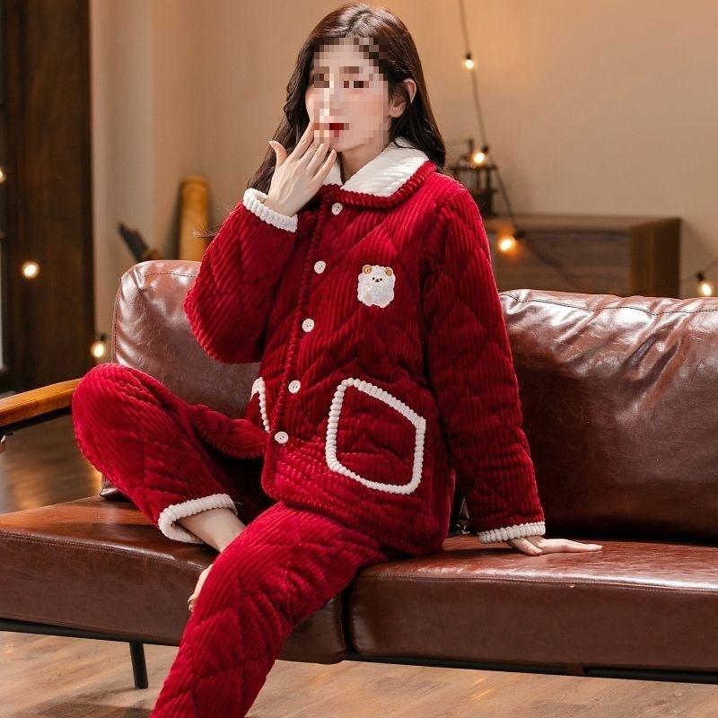 Pajamas women's three-layer thickened winter suit can wear large-size thermal padded loungewear