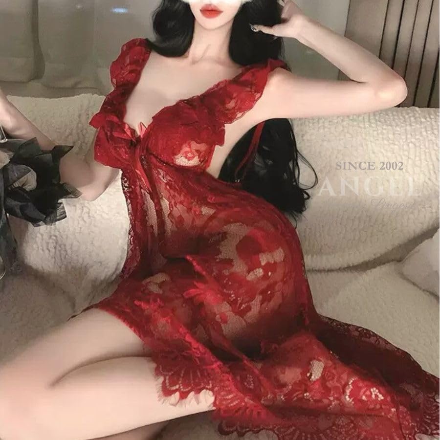 Sexy Lingerie Plus Size Babydoll Nightwear Lace Adult Underwear Elegant 40s Erotic Lingerie LL 2L 3L 4L XL Big Size lingerie Knee-Length 40-710-RED-Q