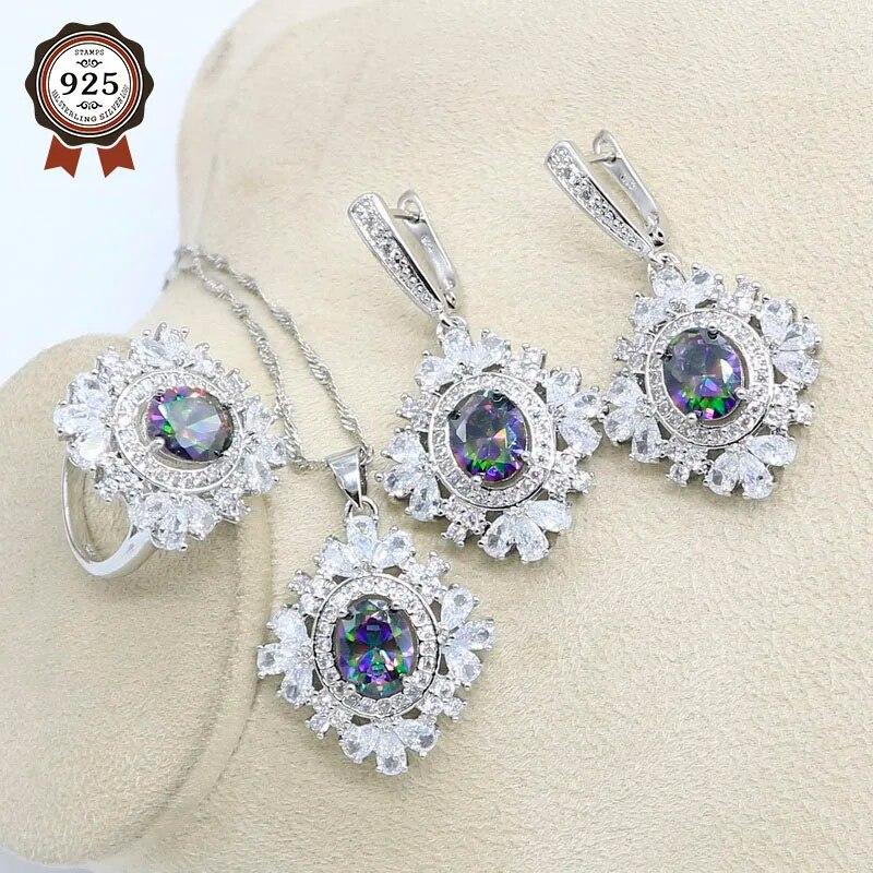 

Новый комплект свадебных украшений серебряного цвета для женщин, серьги с радужным цирконием, ожерелье, кулон, кольцо, подарок на день рождения