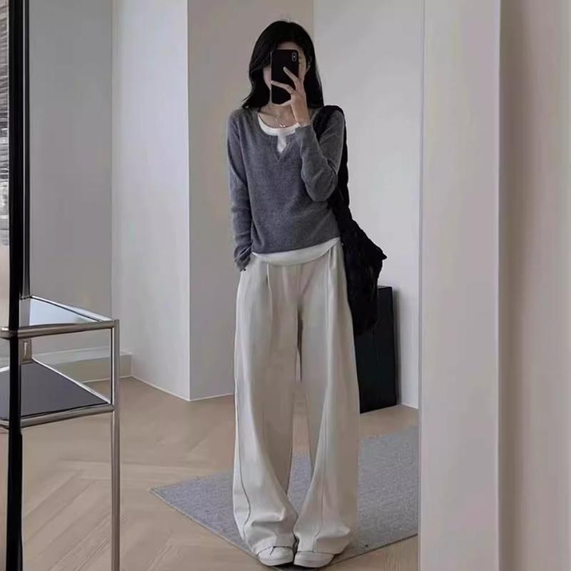 Autumn Winter Korean Fashion Patchwork Tops Women Casual Fake Two-piece T-shirt Elegant Long Sleeved Pullover Slim Contrast Color Clothes