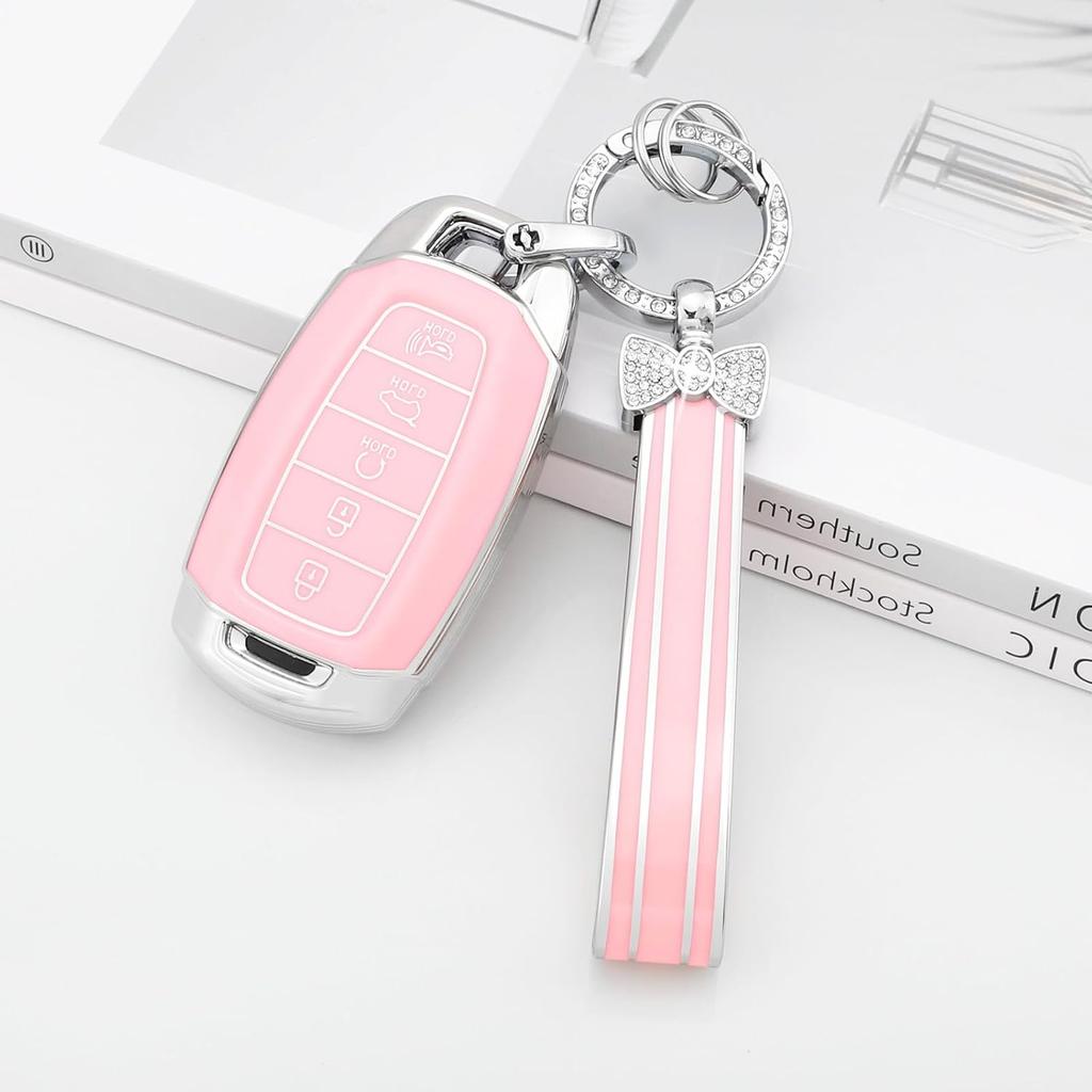 PIFOOG For Hyundai Elantra Key Fob Cover Palisade 5 Buttons Car Keys Case Shell Protector Full Covers Pink Bling Keychain Accessories Girly Women