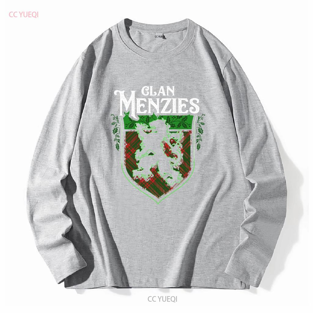 Clan Menzies Scottish Tartan Lion Rampant T Shirt Crest Last Name Surname Womens Long or Short Sleeves Vintage Washed Graphic