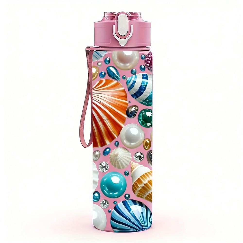 1PC Seashell Conch Ocean Beach Theme Print 750ml Color Plastic Sports Water Bottle Leakproof Flip Straw Lid Suitable for Sports Office Home Use