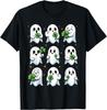 Cute Ghost Holding Shamrock St Patricks Day Graphic Tee Funny Irish Gift Casual Short Sleeve T-Shirt