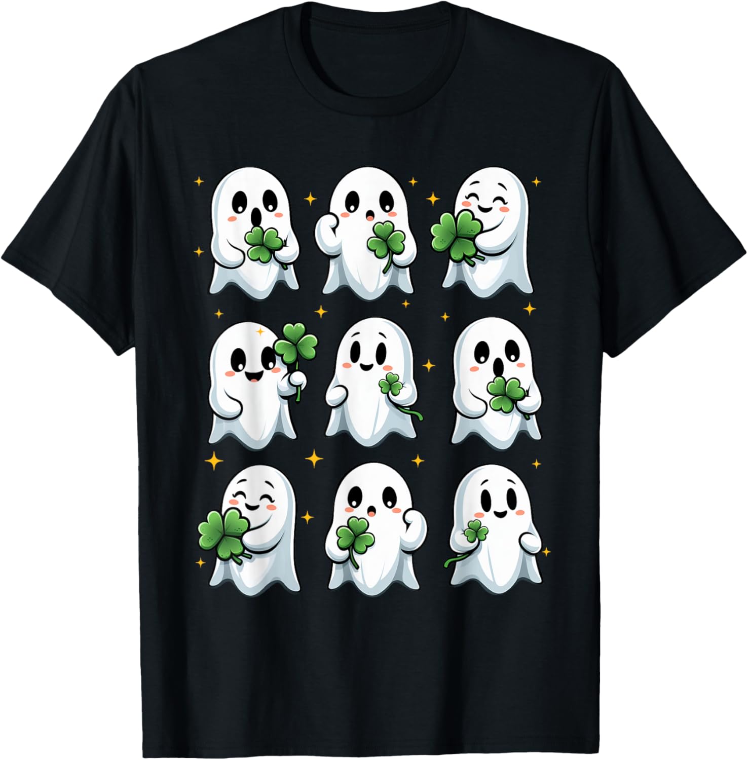 

Cute Ghost Holding Shamrock St Patricks Day Graphic Tee Funny Irish Gift Casual Short Sleeve T-Shirt 4XL