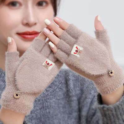 Autumn Winter Warm Gloves Flip Cover Fingerless Mittens Soft Girl Cute Cartoon Half-Finger Knitted Velvet Students Gloves