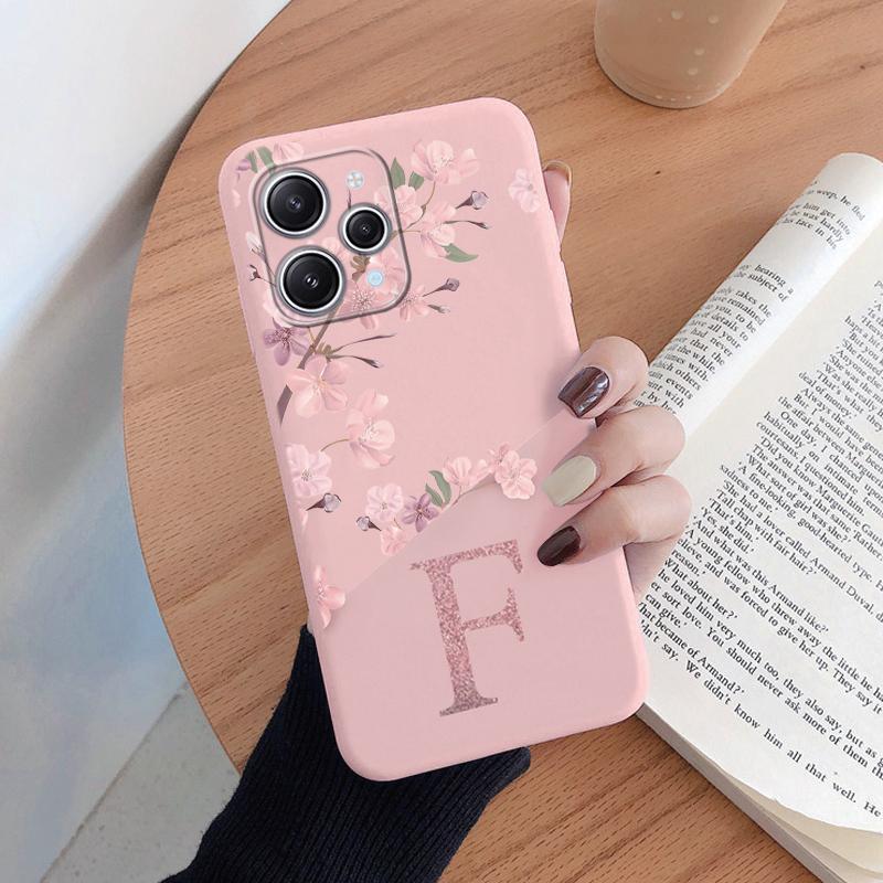 For Redmi 12 Note 14 Pro Phone Case Pink Flowers Initial Letter A To Z Silicone Soft Back Cover Alphabet Coque Shell Couple Capa