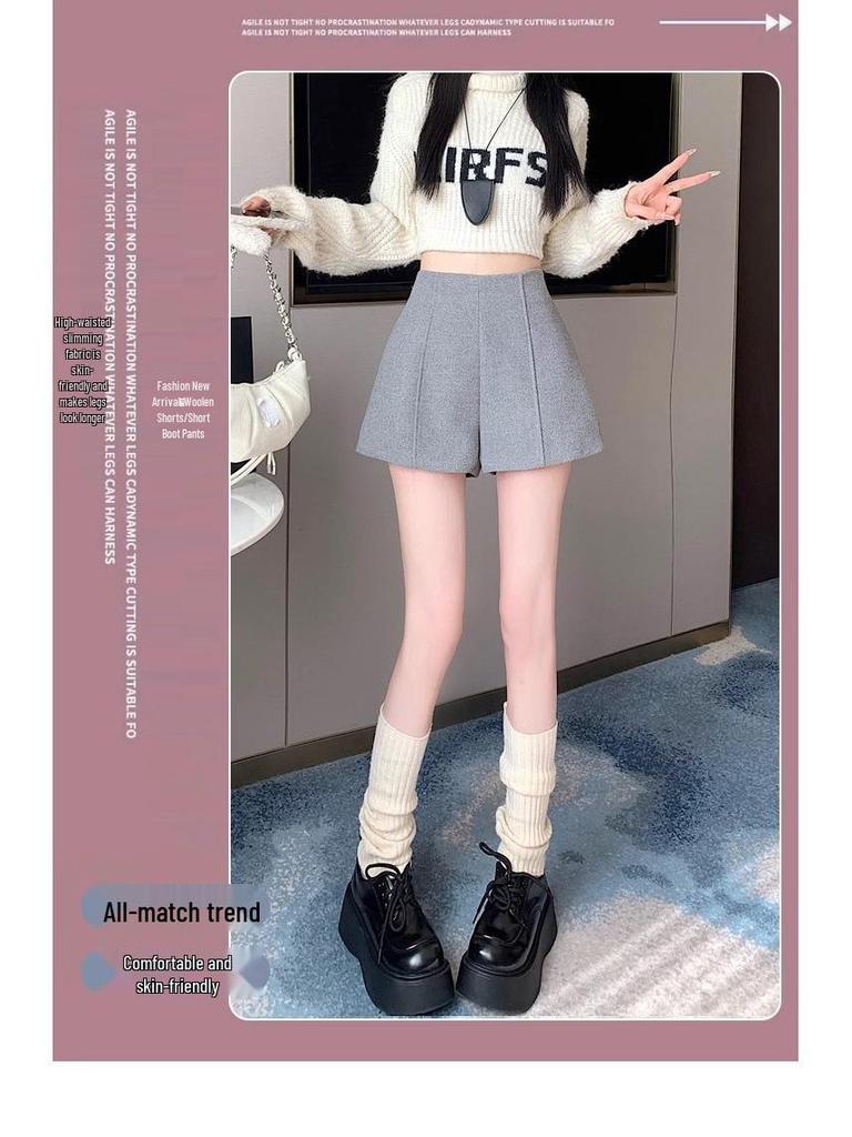 Women's Gray Retro Woolen Booty Shorts - Autumn/Winter Casual Straight Wide Leg Pants