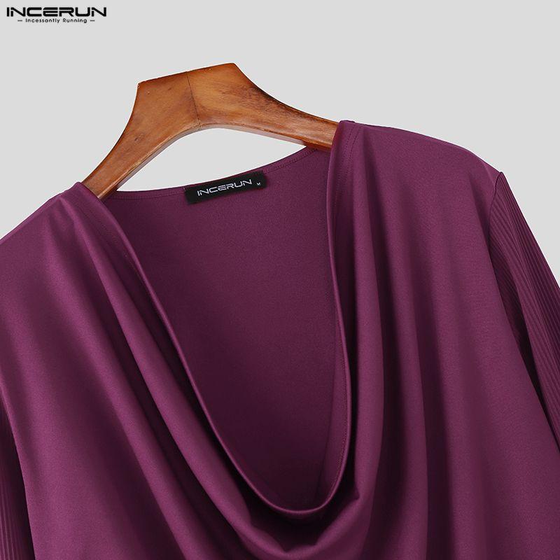 INCERUN Men Deep Swing Neck Long Sleeve Patchwork Casual Party Shirts Tops