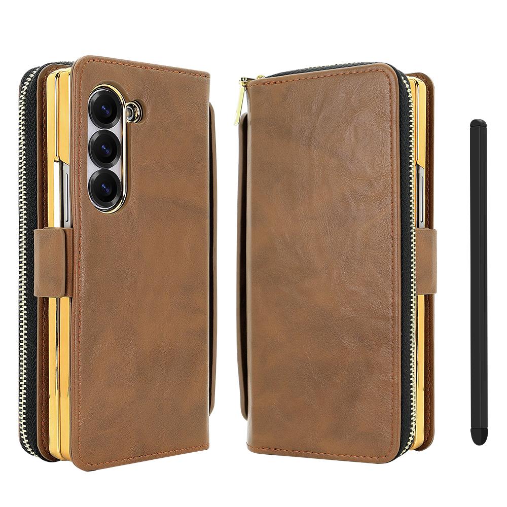 For Samsung Galaxy Z Fold6 5G Case Zipper Pocket Leather Phone Cover with Screen Protector/Stylus Pen