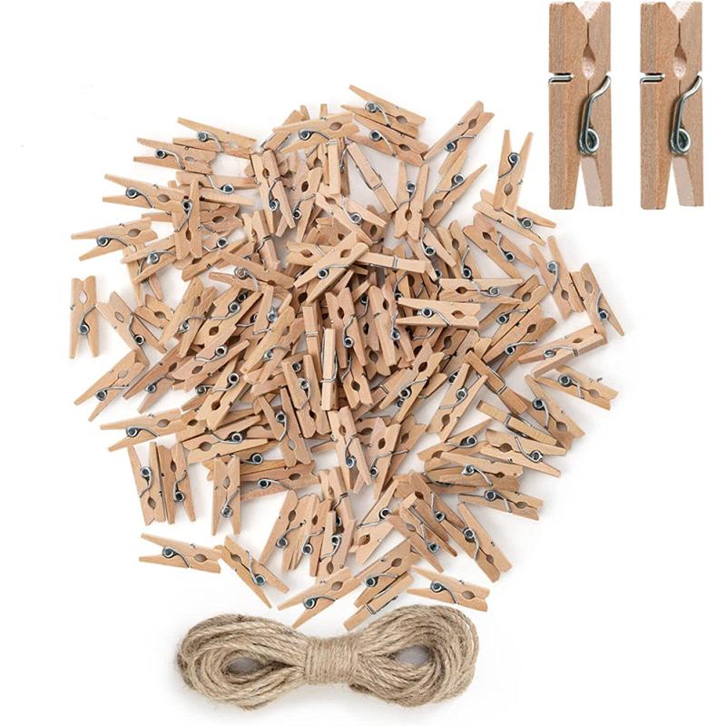 Neu! 100pc Natürliche Holz Wäscheklammern Multi-funktionale Reusable Mini Clips Wäscheklammern Mit 10m Jute
