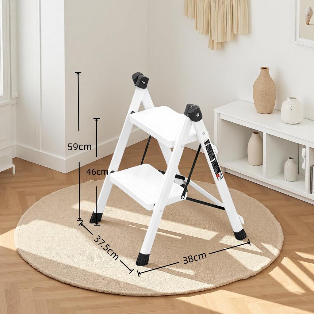 Shosho Folding Step Stool, Lightweight Design, Non-Slip, No Assembly Required, Storage Compatible (White, 2 Steps)