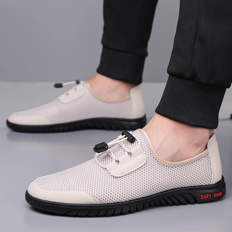 Men's business casual shoes summer breathable mesh hollow thin men's shoes elastic band wear a foot lazy shoes