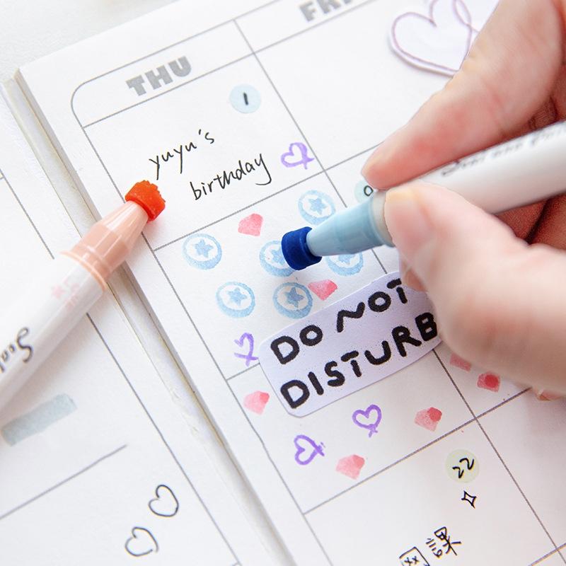 6pcs Color Stamp Pen Set Seal Paint Dual-side Brush & Highlighter Liner Art Marker for Drawing