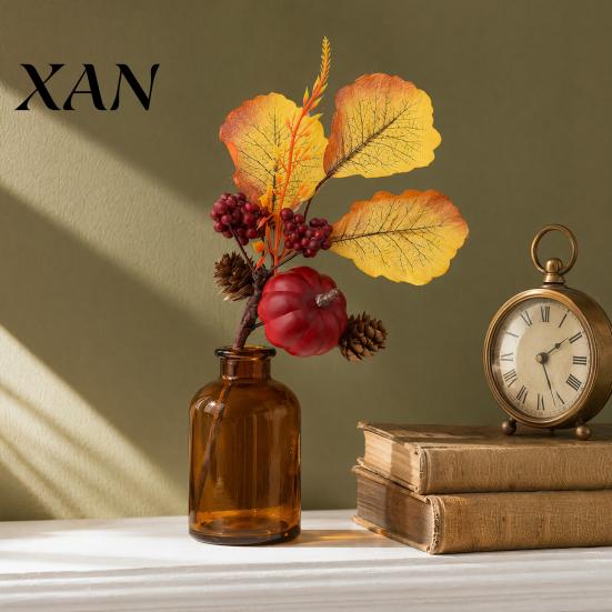 Orange Yellow Maple Leaves Autumn Flower Bouquet, Artificial Fall Floral Picks with Pumpkins Faux Flowers Berries Pine Cones for Thanksgiving Harvest