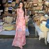French Vacation Pink Ruffle Leaf Edge Three-dimensional Flower Floral Dress Women's Summer Slim Waist Long Dress