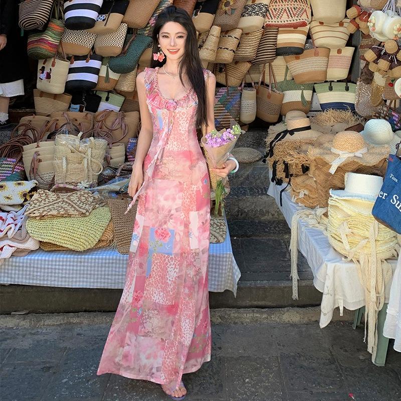 French Vacation Pink Ruffle Leaf Edge Three-dimensional Flower Floral Dress Women's Summer Slim Waist Long Dress