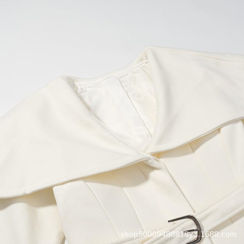 Womens Winter White Wool Blend Trench Coat With Belt Loose Fit Collar Long Sleeve Street Style