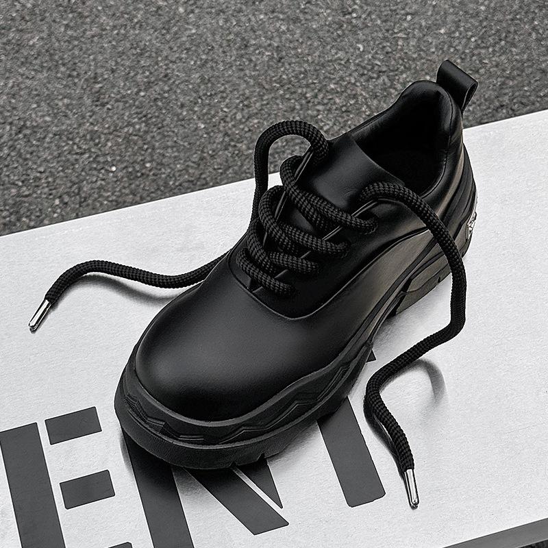 Small leather shoes new autumn niche design muffin casual big head leather shoes thick sole height increase black