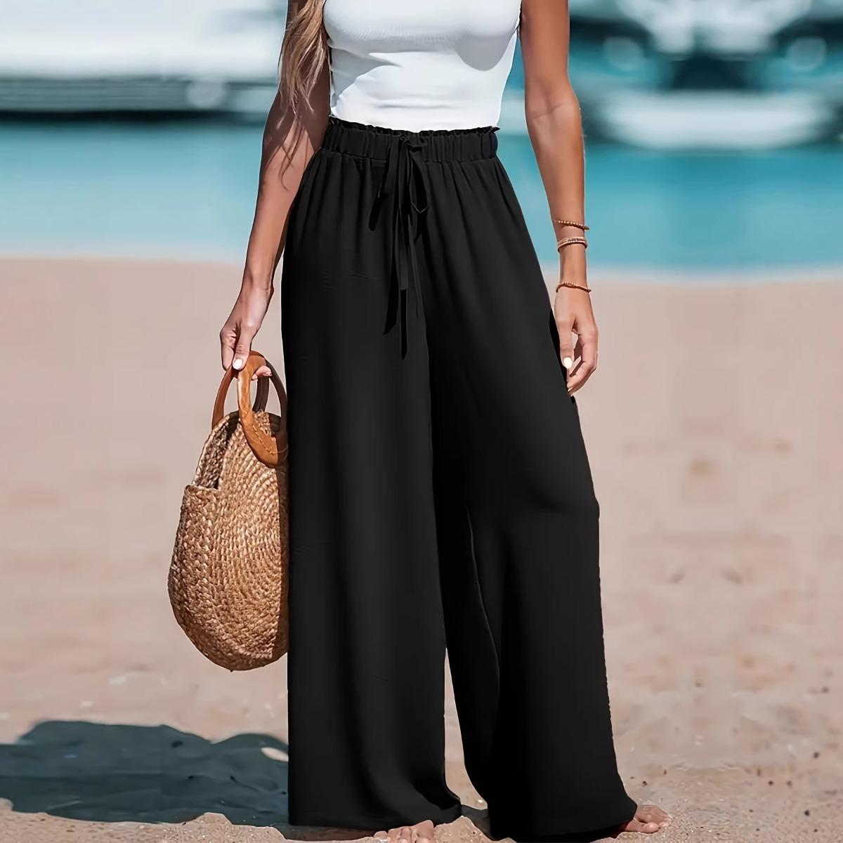 Women s Mid Rise Drawstring Wide Leg Pants Loose Fit Elegant Casual Woven Trousers S