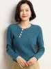 Women's Slim Fit Cashmere Sweater - Round Neck Ribbed with Diagonal Buttons, Elegant Knitwear for Autumn and Winter