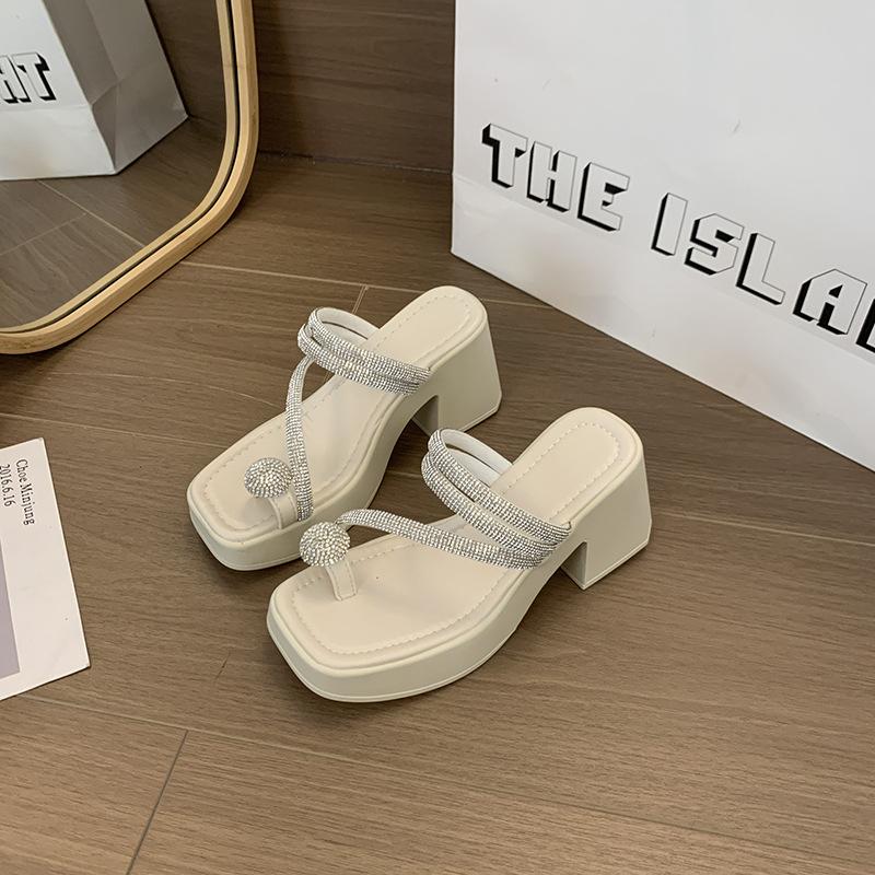 Square Head Rhinestone Thick-heeled Women's Shoes 2025 New Summer Thick-soled Set of Toes One-word Drag Foreign Trade Simple High-heeled Slippers