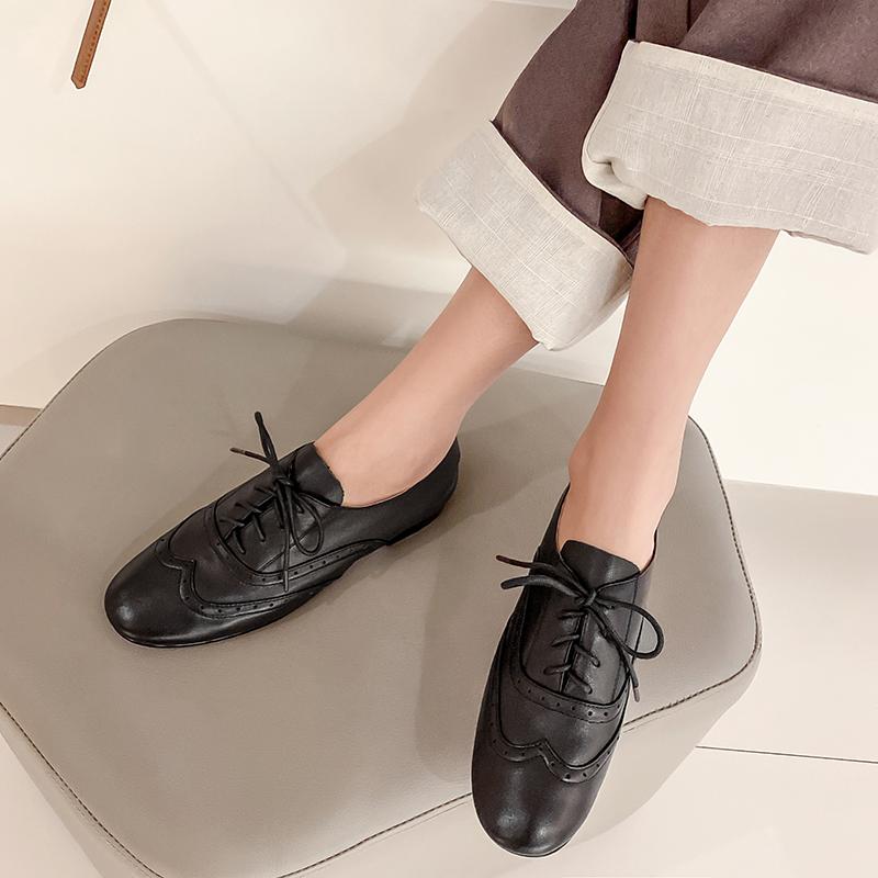 Fashion 2024 New Women Shoes Genuine Leather Block Flats Loafers Round Toe Lace-up Footwear Ladies Shoes for Women Retro Oxford Shoes