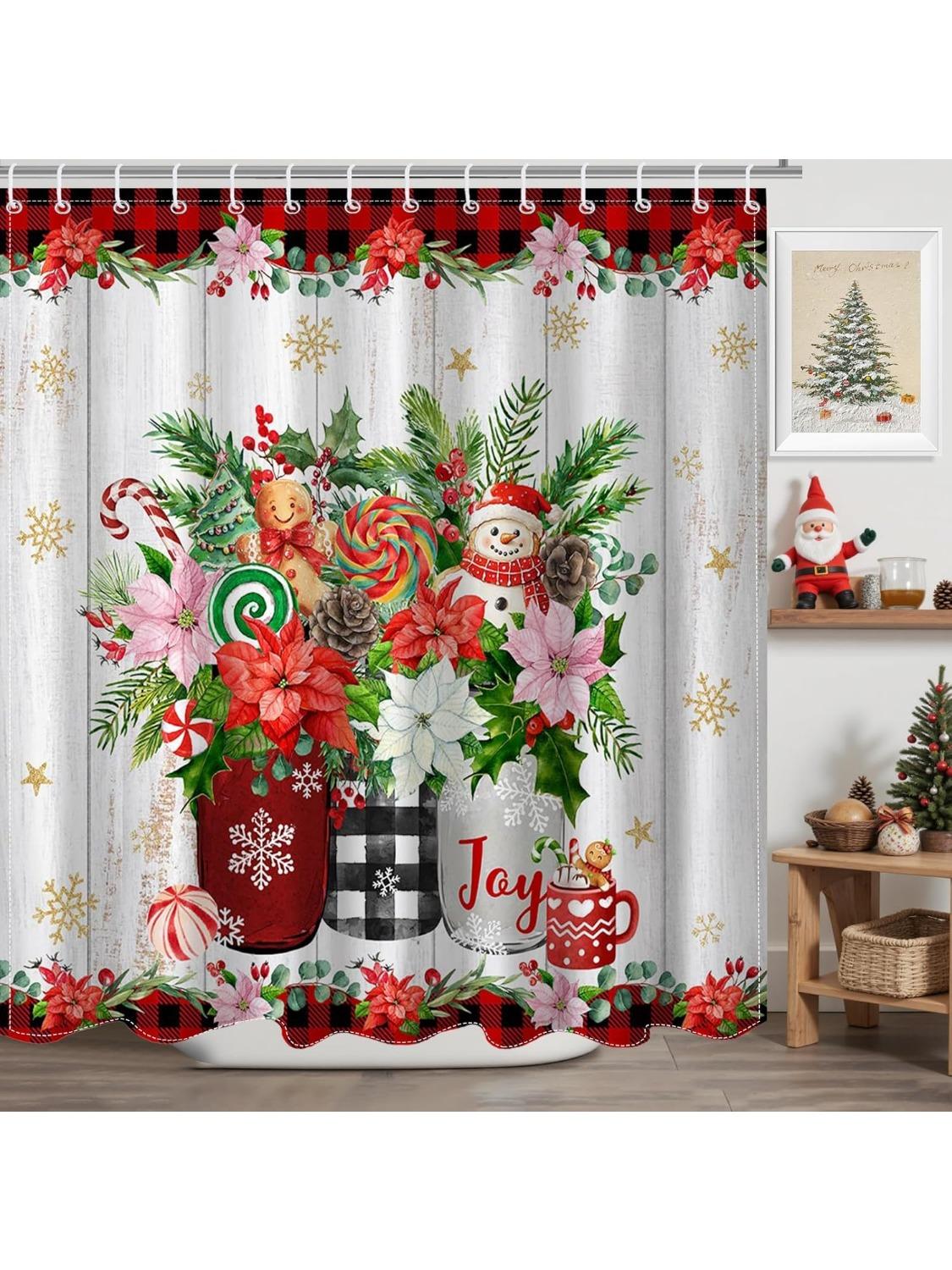 

Christmas Shower Curtain Cute Snowman Xmas Red Checkered Floral Shower Curtain with 12 Hooks Xmas Gingerbread-Man Pine Branch 90x180CM