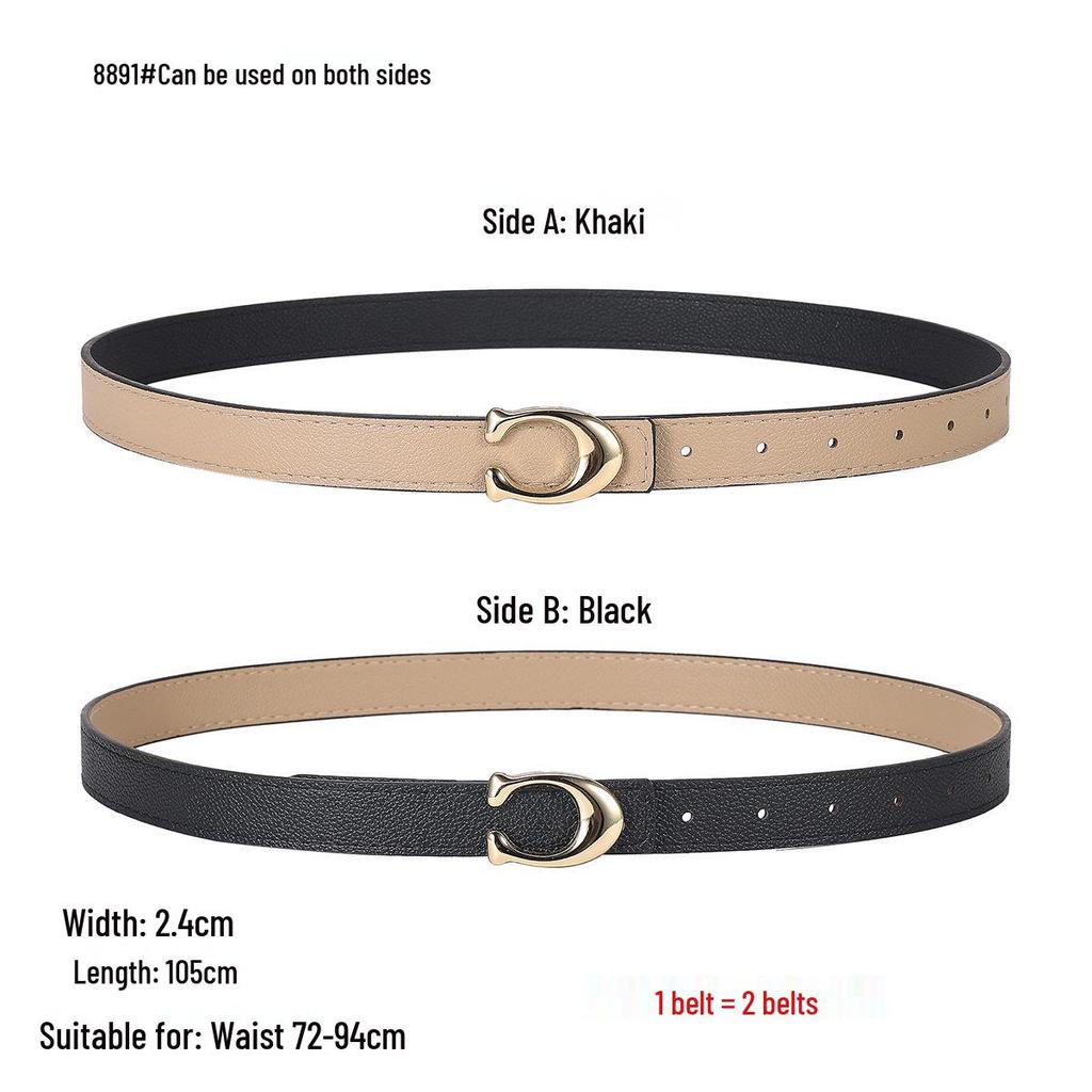 Smooth Buckle Black Lychee Grain Dual-Use Women's Leather Belt