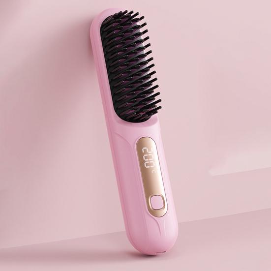 Cordless Hair Straightener Brush 3 Temperature Adjustable LED Display Mini Hair Straightening Comb USB Rechargeable Fast Heating Electric Hot Brush