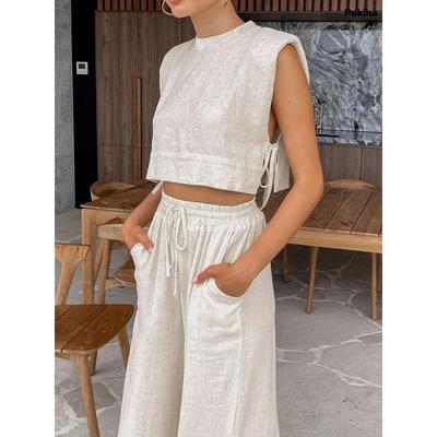 Women Holiday Linen Pant Set Crop Tops Solid Outfits 2 Two Piece Matching Set for Women Sleeveless Casuals Fashion Woman Pants