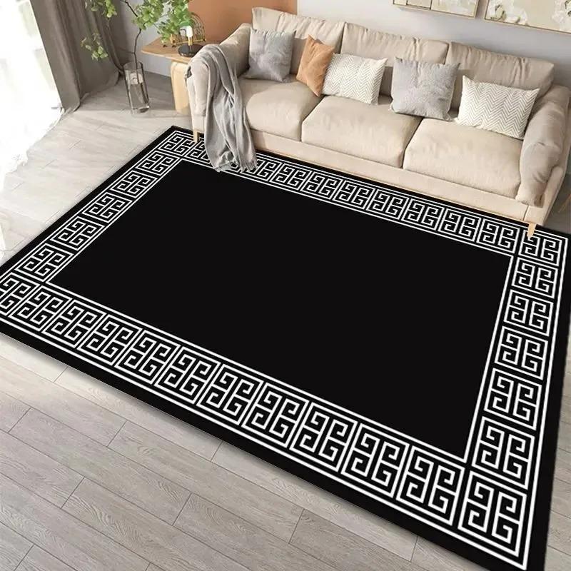 Black White Geometric Rug , Striped Checkered Carpet Soft Non-Slip Doormat , Modern Artistic Floor Mat for Living Room Bedroom