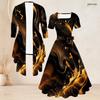 Women Plus Size Two Piece Set Three Quarter Sleeve Cardigan Square Neck Short Sleeve Tie Waist Flared Printed Dress