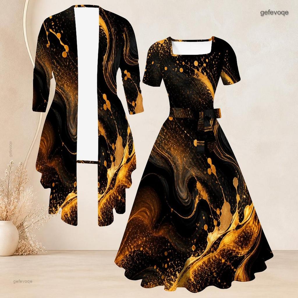 Women Plus Size Two Piece Set Three Quarter Sleeve Cardigan Square Neck Short Sleeve Tie Waist Flared Printed Dress