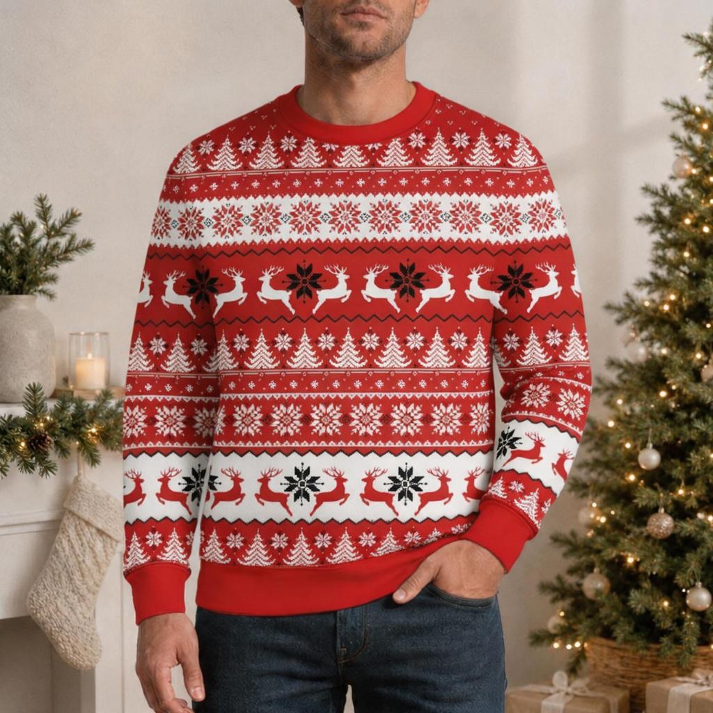 Men's Casual Pullover with Christmas Print Round Neck Long Sleeve Winter Top