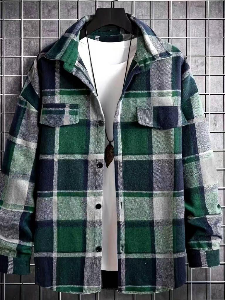 Men's Retro Plaid Brushed Long Sleeve Shirt Jacket with Elegant Lapel