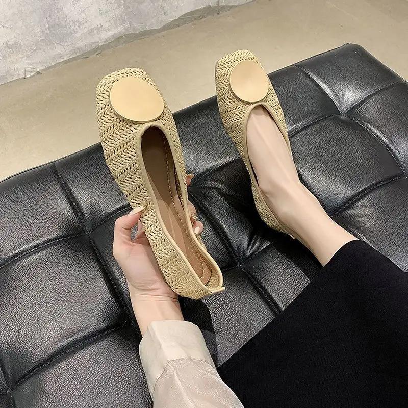 Woman Footwear Kawaii Apricot Shoes For Women With Bow Flats Flat Cute Normal Leather Casual Square Toe Korean Style Chic Point