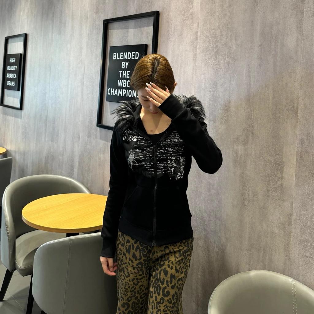 VAYLA Y2k Fur Patchwork Grunge Hoodies Women Streetwear Vintage Harajuku Gothic Print Hooded Sweatshirt Coat Aesthetic Slim Jacket