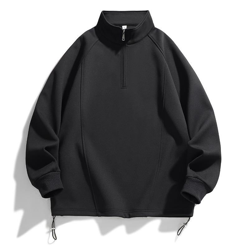 Pánský sportovně ležérní volný top s dlouhým rukávem na zip, jednobarevný rolák se stahovací šňůrkou