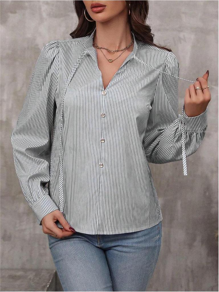2024 Women's Striped Lantern Sleeve Tie Collar Shirt