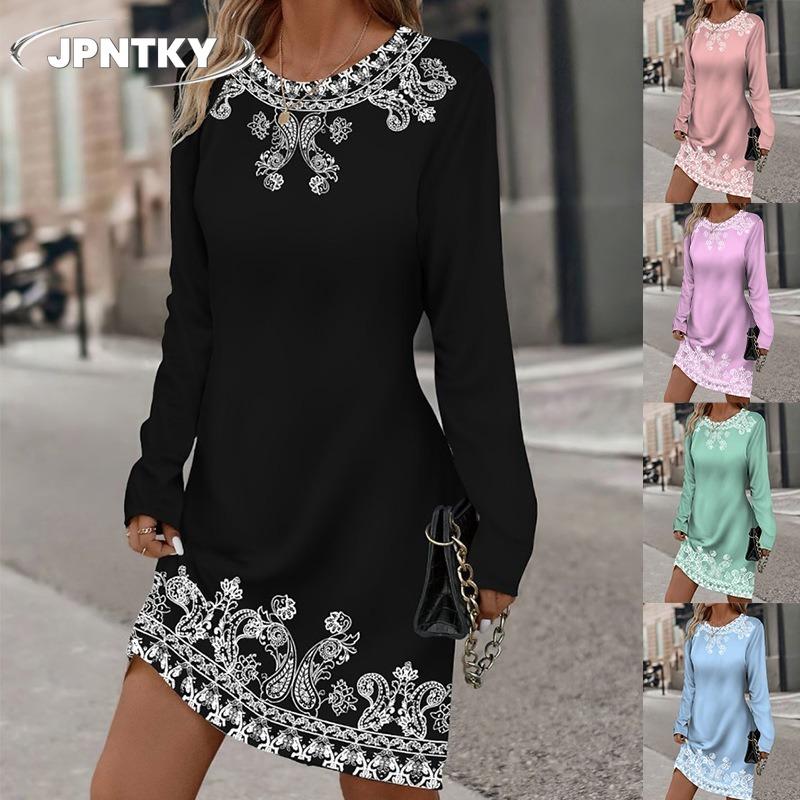 JPNTKY Fashion Autumn Winter Long Sleeve O-Neck Casual Dresses