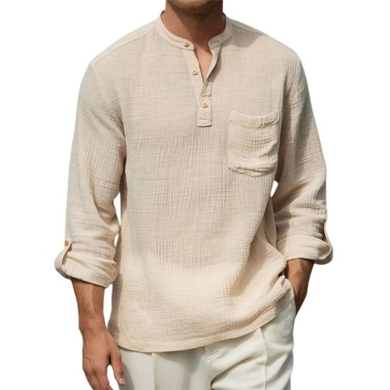 Chemise en Coton et Lin pour Homme à Manches Longues et Col Mao avec Poche sur la Poitrine Couleur Unie Chemise Décontractée de Vacances pour Voyage Été Plage Vacances Usage Quotidien