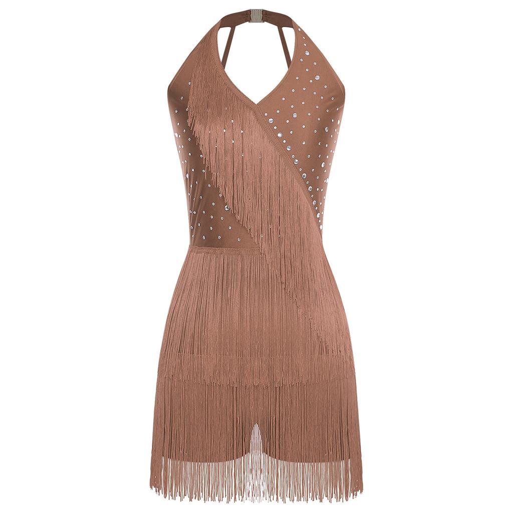 Women Dance Jumpsuit Halter Neck Sleeveless Spark Rhinestones Fringed Strappy Back Latin Dance Costume