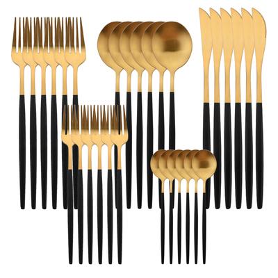 30PCS Black Gold Stainless Steel Dinnerware Set Matte Finish Knife Fork Spoons Family Silverware Kitchen Party Tableware Set